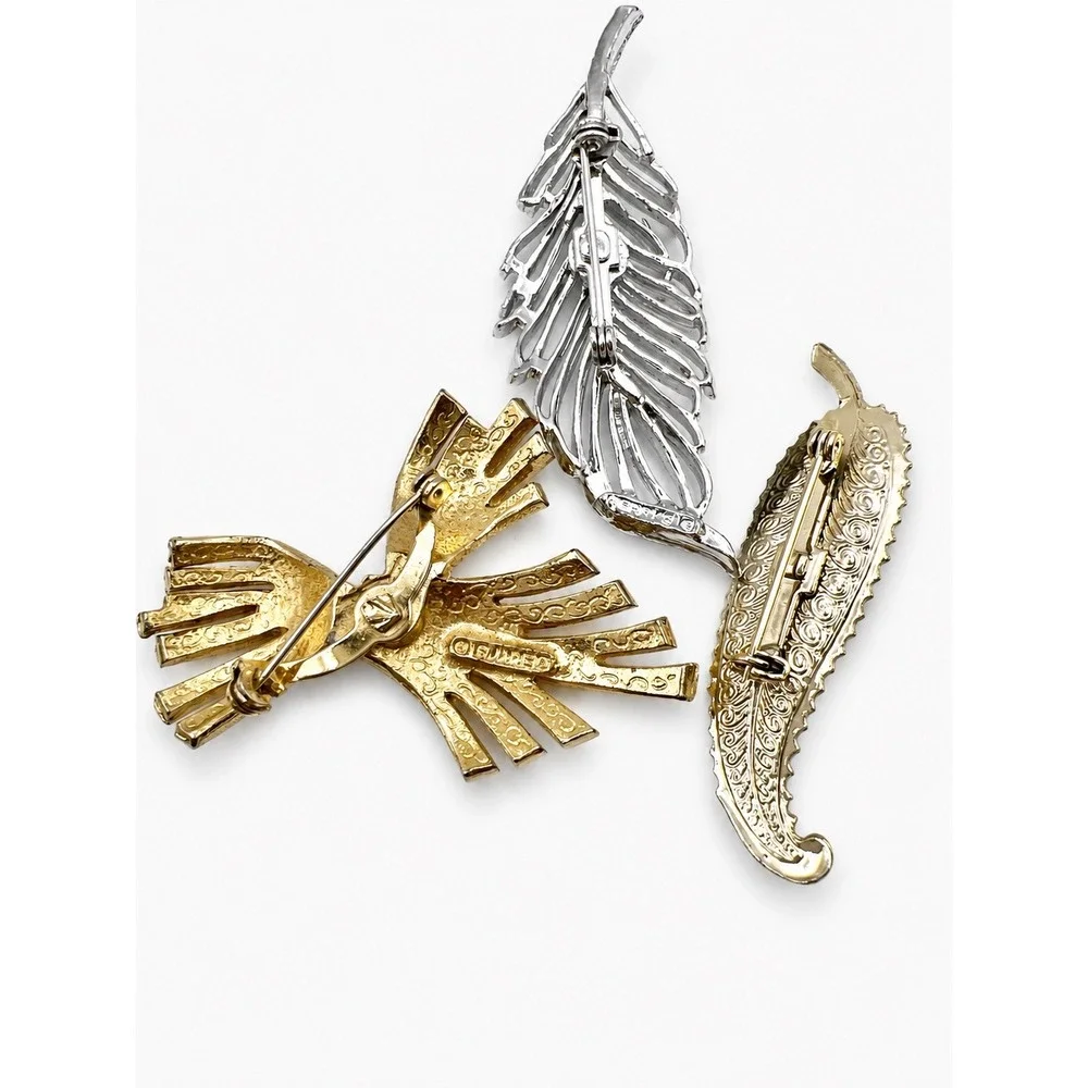 Vintage Gerrys Brooch Lot 3pc Gold‎ Silver Tone Feather Leaf Pearl Bow Pins